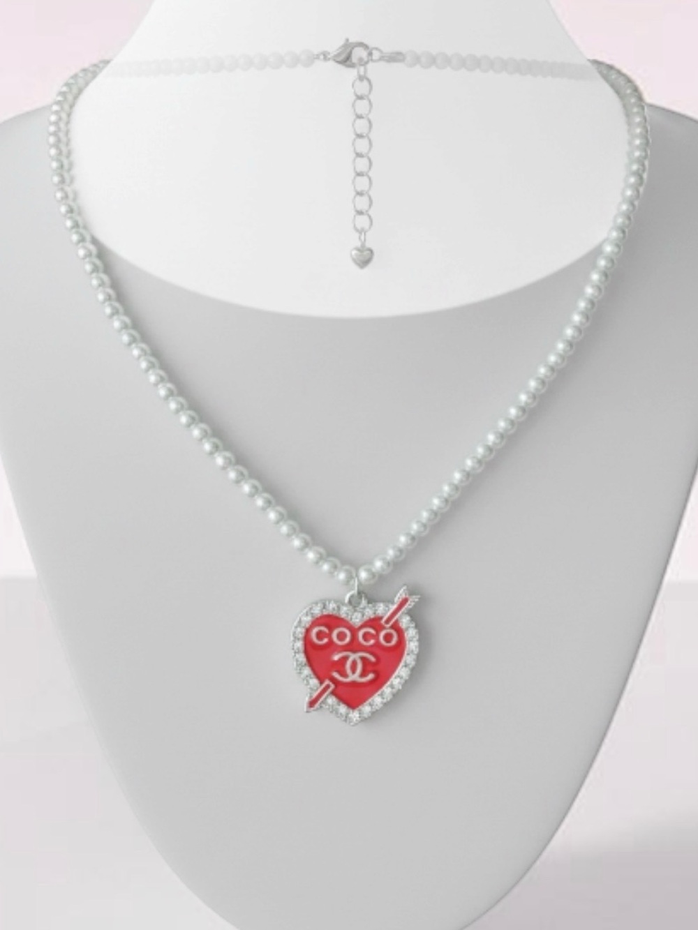 Pearl Necklace with Red Heart COCO Pendant